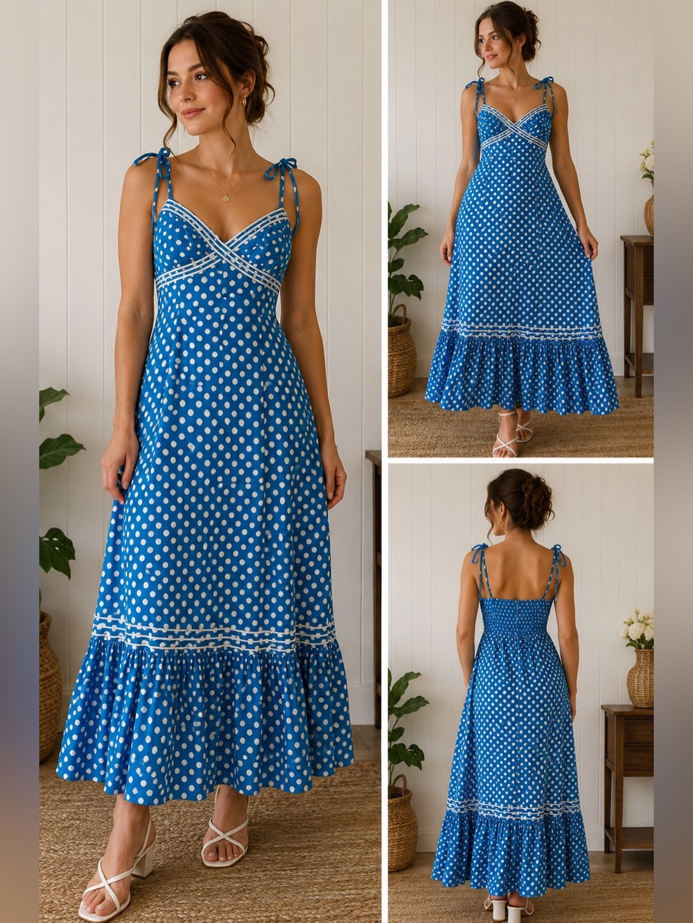 Vintage Blue Polka Dot Maxi Dress | Cottagecore Retro Pinup Coastal Wedding